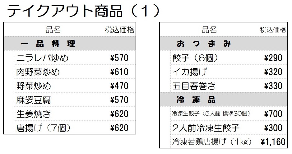 テイクアウト商品一覧（１）