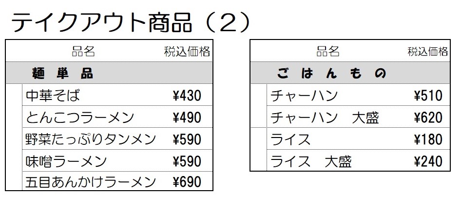 テイクアウト商品一覧（２）